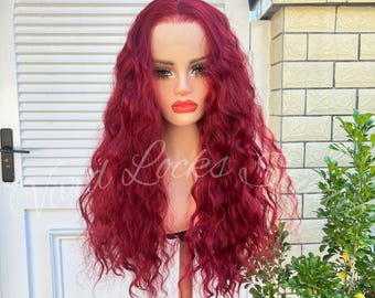 Bright Red Lace Front Wig Long Body Wavy Hair Drag Queen Party 22 Inch