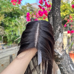 May include: A dark brown wig with a natural-looking parting. The hair is long and flowing, with a slight wave. The wig is held up by a hand, with a background of green foliage and pink flowers.