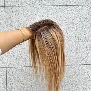 Puede incluir: Una pieza de cabello con raíz marrón oscuro y reflejos rubios y castaños claros. La pieza de cabello está sujeta por el brazo de una persona, y el fondo es una pared de azulejos gris claro.