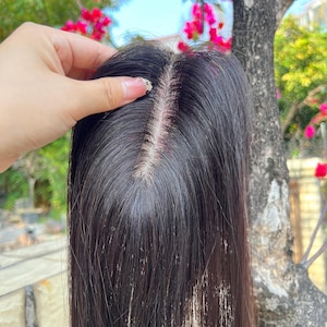Puede incluir: Una pieza de cabello castaño oscuro con una raya visible, sostenida contra un fondo borroso de vegetación y flores rosas. El cabello parece liso y elegante, con una línea de cabello de aspecto natural.