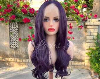 Peluca frontal de encaje ondulado morado oscuro lila para cosplay de Rumi Drag Queen