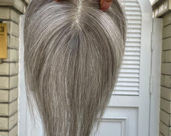 Zout en peper grijze haartopper dunner wordende kroon 7*9 cm dekking grijs haar