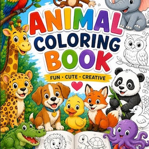 May include: An animal coloring book cover featuring colorful illustrations of a parrot, monkey, giraffe, leopard, dog, duck, fox, crocodile, ladybug, elephant, owl, panda, octopus, and crab, with an open book showing line art drawings.