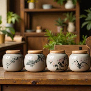 Puede incluir: Cuatro tarros de cerámica con tapas de madera se exhiben sobre una mesa de madera. Cada tarro es de color gris claro y presenta un diseño floral o botánico pintado a mano en negro, verde y rosa. Los tarros son redondos y lisos.