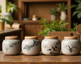 Barattolo in ceramica per la conservazione del tè • Contenitore ermetico con coperchio • Contenitore da cucina in stile asiatico botanico