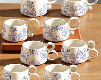 Tazza da caffè in ceramica bianca e blu dipinta a mano, tazza da tè giapponese
