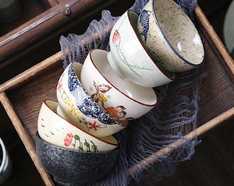 Ciotola di riso in ceramica giapponese • Stoviglie retrò fatte a mano da 4,5 pollici • Piatto da cucina asiatico