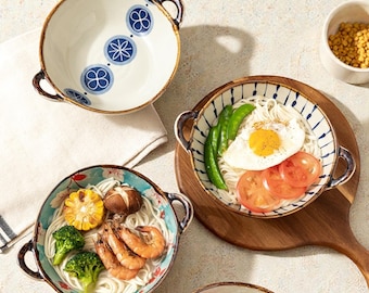 Japanse keramische noedelkom met handgrepen 7,5 inch