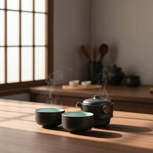 Handgjort teservis i japansk keramik med bärbart resefodral för två.