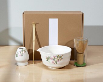 Witte keramische matcha-theekom met Chasen-garde en chashaku-lepel – Japans geïnspireerde starterskit voor traditionele matcha-bereiding