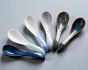 Cucchiaio da zuppa in ceramica fatto a mano, smalto giapponese, cucchiaio da ramen