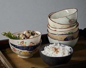 Japanse keramische rijstkom • Handgemaakt retro servies van 4,5 inch • Aziatisch keukengerecht