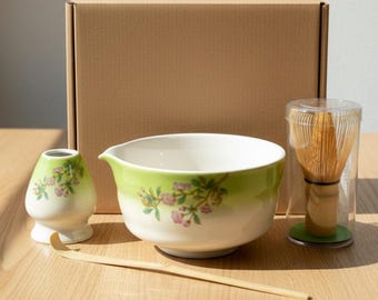 Japanse keramische matcha-komset met garde – groene kersenbloesem Chawan voor traditionele theeceremonie en mindful-theerituelen thuis