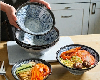 Ciotola in ceramica per noodles • Piatto rustico giapponese per zuppa • Stoviglie fatte a mano per ramen e udon