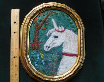 Mystical Unicorn needle felted wool wall art decor gold vintage frame