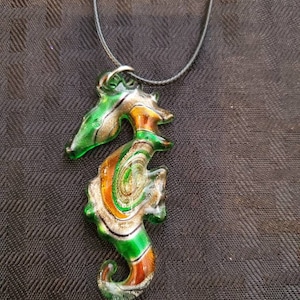 Green, Gold, and Orange Seahorse Glass Pendant Necklace