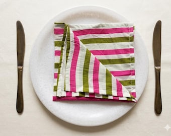 Handmade Striped Cotton Napkin, Olive Green Pink and Cream Cloth Napkin, Knotted Dinner Table Decor, Boho Eco Friendly Reusable Napkins