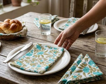 Block Print Cotton Napkins, Set of 4, Turquoise Floral Dinner Napkins, Indian Hand Block Printed Table Decor, Boho Cloth Napkins