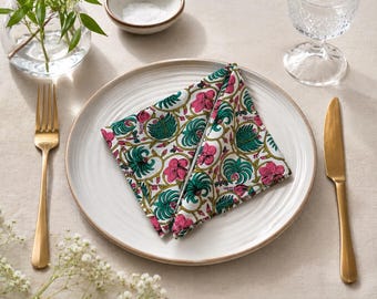 Handblock Print Cotton Napkin, Pink & Green Floral Cloth Napkin, Reusable Eco Friendly Table Linen, Indian Block Print Dinner Napkin