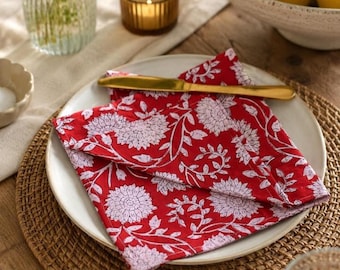 Handblock Print Cotton Napkins Set, Blue Floral Cloth Napkins, Eco Friendly Table Linen, Reusable Dinner Napkins, Indian Block Print