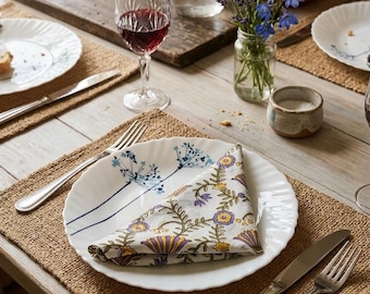 Floral Block Print Napkins, Cotton Cloth Napkins Set, Yellow Purple Floral Dinner Napkins, Indian Hand Block Print, Boho Table Decor.