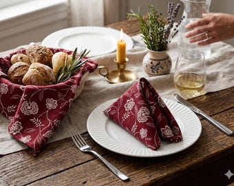 Maroon Floral Cloth Napkins, Reusable Cotton Dinner Napkins, Hand Block Printed Table Linens, Wedding Reception Decor.