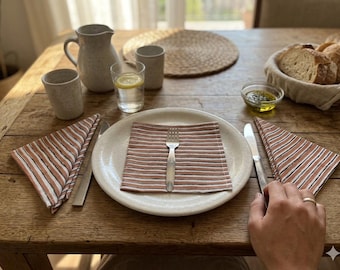 Striped Cotton Napkins | Hand Block Print Striped Placemats | Coastal Table Decor Set, Reusable Summer Dinner Linens & Hostess Gift