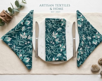 Teal Floral Cloth Napkins Set, Botanical Dinner Napkins, Reusable Cotton Napkins, Cottagecore Table Decor