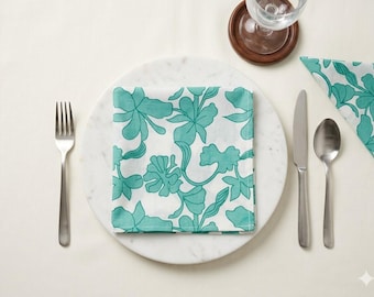 Floral Hand Block Print Cotton Napkin, Green and White Leaf Cloth Napkins, Botanical Table Decor, Boho Eco Friendly  Dinner Napkin Set
