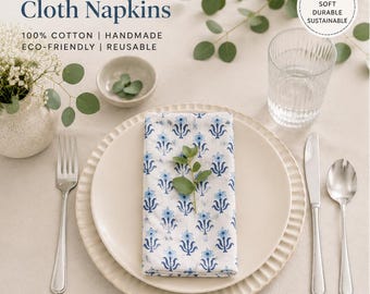 Handblock Print Cotton Napkins Set, Blue Floral Cloth Napkins, Eco Friendly Table Linen, Reusable Dinner Napkins, Indian Block Print