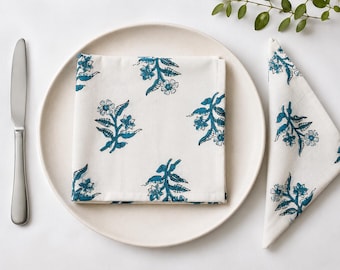 Handblock Print Cotton Napkins Set, Blue Floral Cloth Napkins, Eco Friendly Table Linen, Reusable Dinner Napkins, Indian Block Print