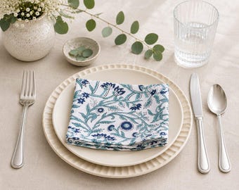 Blue Block Print Cloth Napkins, Cotton Floral Dinner Napkins, Set of 4, Indian Hand Block Print, Coastal Table Decor, Wedding Table Linens