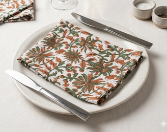 Block Print Floral Cotton Napkins | Floral Botanical Table Decor | Reusable Fabric Dinner Napkins, Set for Spring Tablescape .