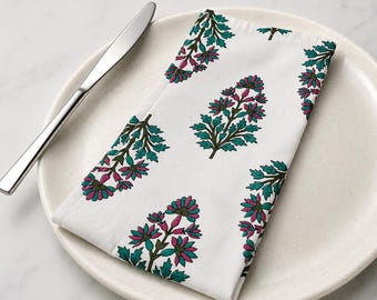Handblock Print Cotton Napkin, Floral Table Napkin Set, Eco Friendly Cloth Napkins, Reusable Dinner Napkins, Indian Block Print Table Linen