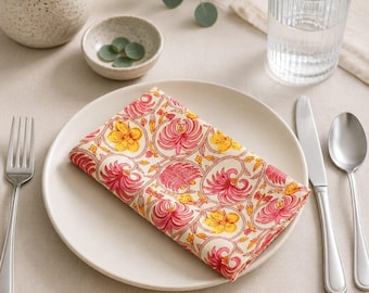 Floral Cotton Cloth Napkins Set, Block Print Dinner Napkins, Reusable Table Napkins, Farmhouse Table Linen, Eco Friendly Kitchen Decor.