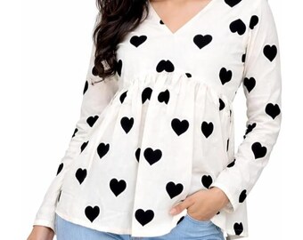 Heart Print Peplum Top | Handmade Cotton V-Neck Tunic