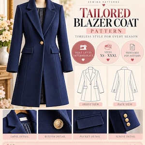 May include: A digital sewing pattern for a tailored navy blue blazer coat by Meadow & Maker. The image displays the finished coat, technical line drawings of front and back views, and close-up details of the lapel, gold button, pocket, and sleeve.