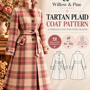 May include: A sewing pattern for a long, belted coat with a pink, beige, and grey tartan plaid print. The image features the text Willow & Pine Patterns, Tartan Plaid Coat Pattern, and includes technical line drawings of the coat design.