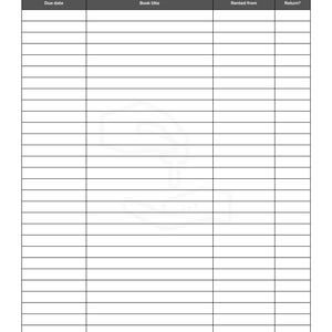 May include: A white printable textbook rental tracker sheet with a dark gray header titled Textbook Rental Tracker. The table includes columns for Due date, Book title, Rented from, and Return, with a faint watermark of two hands in the center.
