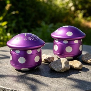 Peut inclure: Deux récipients violets en forme de champignon avec des pois blancs. Le récipient de gauche présente une lettre T blanche sur le couvercle avec des volutes décoratives. Les deux objets ont une finition mate lisse et un couvercle arrondi.