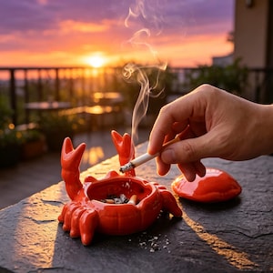 Op de afbeelding: Een feloranje keramische asbak in de vorm van een krab met omhoogstaande scharen en een bijpassend afneembaar deksel. De asbak heeft een centrale kom voor het opvangen van as en sigarettenpeuken, met een gladde, glanzende afwerking.