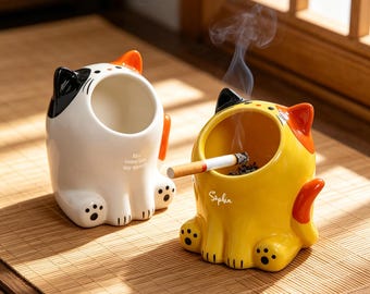 猫のセラミック製灰皿（名入れ可）、大きな口の猫の灰皿、灰が飛び散らないデザイン、カスタム刻印入り灰皿、クリエイティブなホームオフィス装飾ギフト