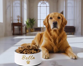 Ensemble de gamelles personnalisées pour animaux de compagnie, ivoire et or, gamelles de luxe pour chiens, Bella