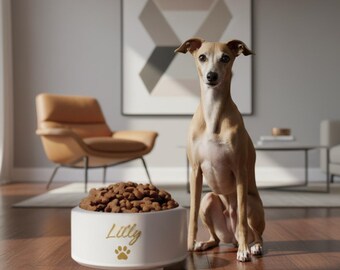 Gamelle personnalisée pour animal de compagnie, ivoire et or, Lilly, 18 oz et 32 oz