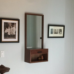Handmade solid Walnut entry mirror with wall box storage and drawer image 1