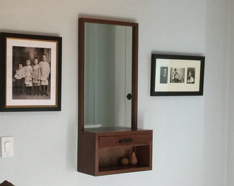 Handmade solid Walnut entry mirror with wall box storage and drawer