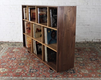 Solid three tier handmade walnut record case bookcase with white oak interior in mid century style