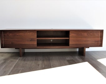 70 inch Custom handmade solid walnut media console cabinet tv stand in mid century minimalist studio and contemporary style