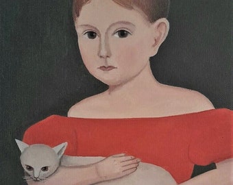 Vintage after Ammi Phillips "Girl in Red Dress with Cat and dog" folk art oil painting