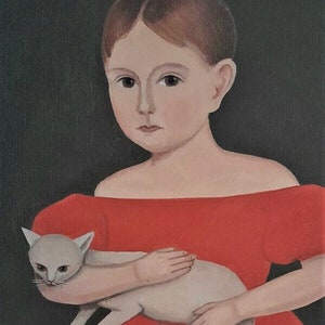 Vintage after Ammi Phillips &quot;Girl in Red Dress with Cat and dog&quot; folk art oil painting